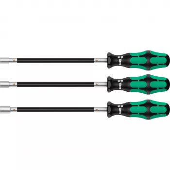 391/3 set cacciaviti per fascette stringitubo nero/verde, 3 pezzi, con gambo flessibile