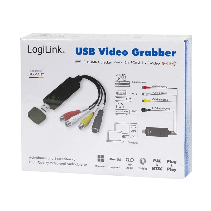 Acquisitore video USB 2.0 LogiLink. USB A maschio verso 3xCinch + MiniDIN5 femmina. nero