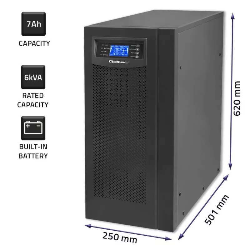 Qoltec 53982 UPS online a onda sinusoidale pura, 6 kVA / 4,8 kW, LCD, USB