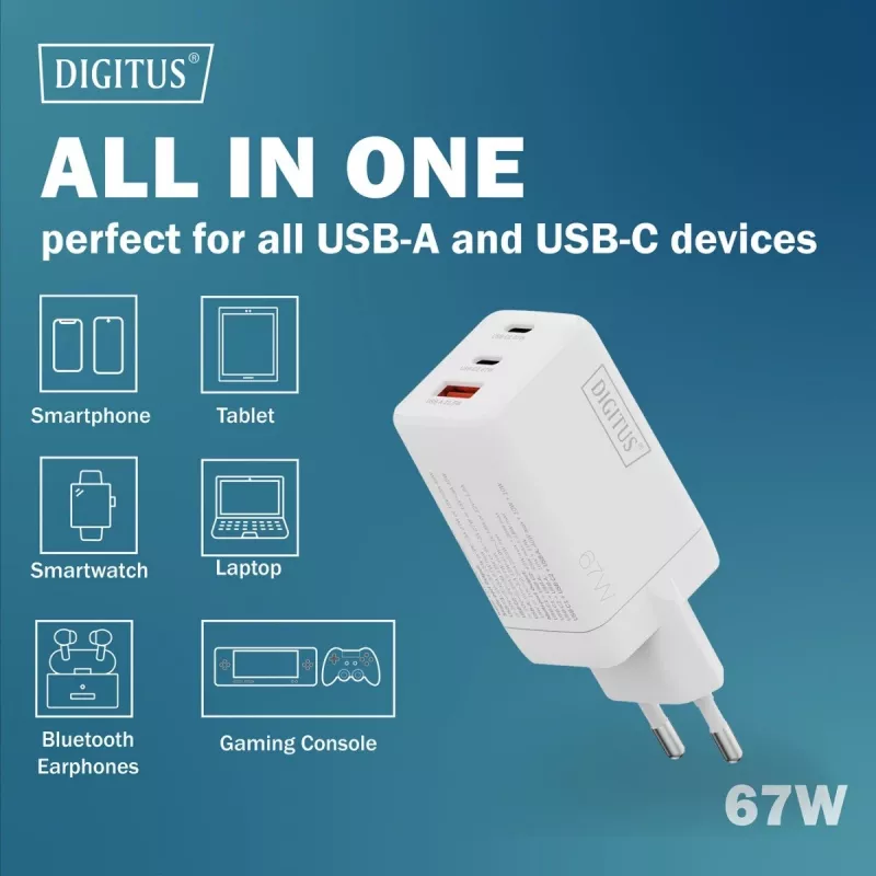 Caricabatterie da parete DIGITUS DA-10303 67W GaN, 2× USB-C + 1× USB-A, 100–240V, bianco