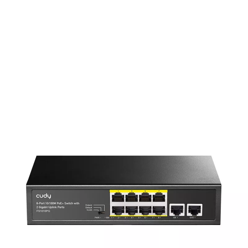Switch di rete Cudy FS1010PG — 10/100 Mbps, 8 porte PoE, 2 uplink, budget PoE 120W, case in metallo