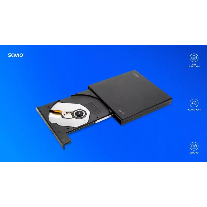 Masterizzatore DVD±RW esterno slim SAVIO AK-43, USB 2.0, nero, supporta lettura/scrittura CD/DVD (24x CD, 8x DVD)