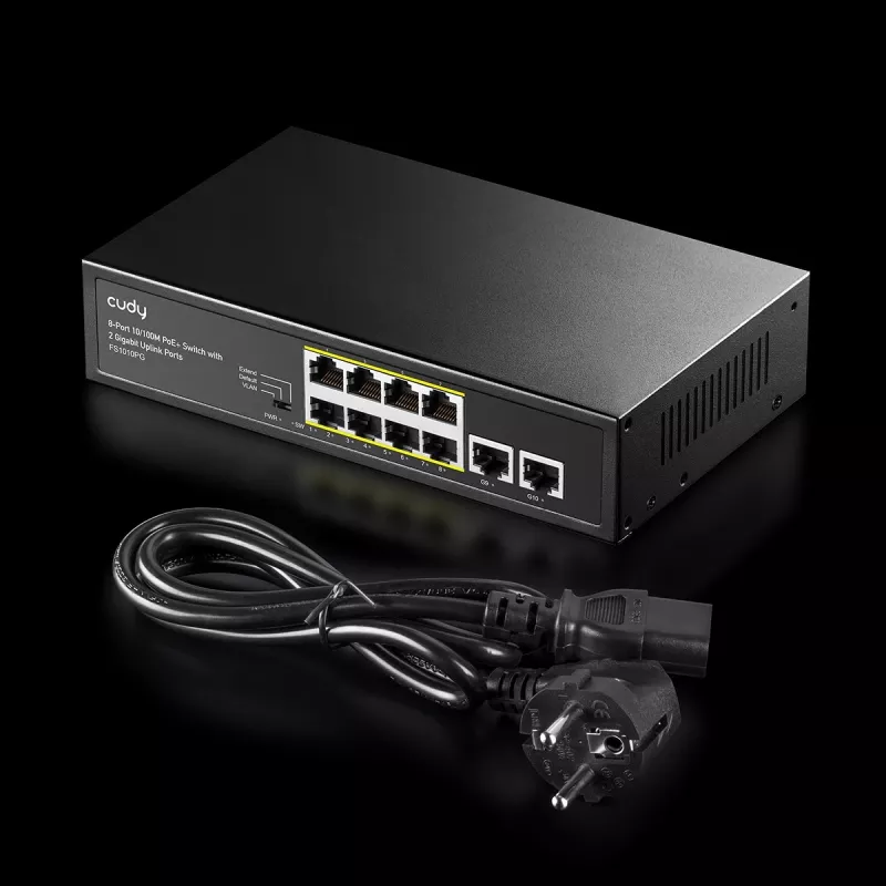 Switch di rete Cudy FS1010PG — 10/100 Mbps, 8 porte PoE, 2 uplink, budget PoE 120W, case in metallo