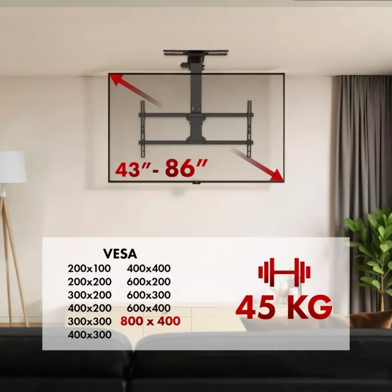 Supporto TV da soffitto MACLEAN MC-109 T VESA 800x400 per schermi 43–86 pollici, carico max. 45 kg