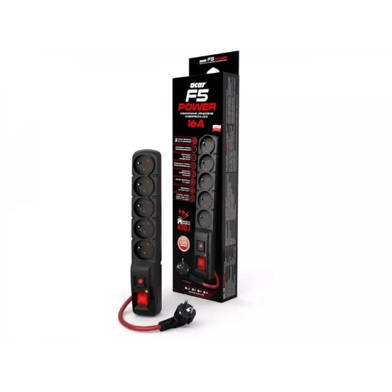 ACAR F5 POWER ciabatta con protezione da sovratensioni, 5 prese, 16 A, con interruttore, 1,5 m, nera
