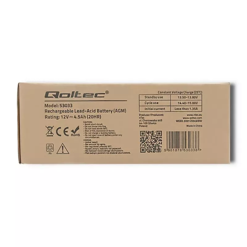 Qoltec 53033 batteria AGM 12 V 4,5 Ah, max 1,35 A, senza manutenzione