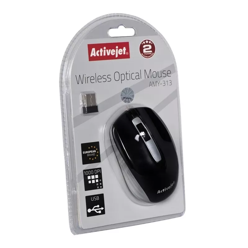 Mouse wireless ActiveJet AMY-313, ricevitore RF nano, ottico 1200 DPI, ambidestro, 3 tasti, batteria AA