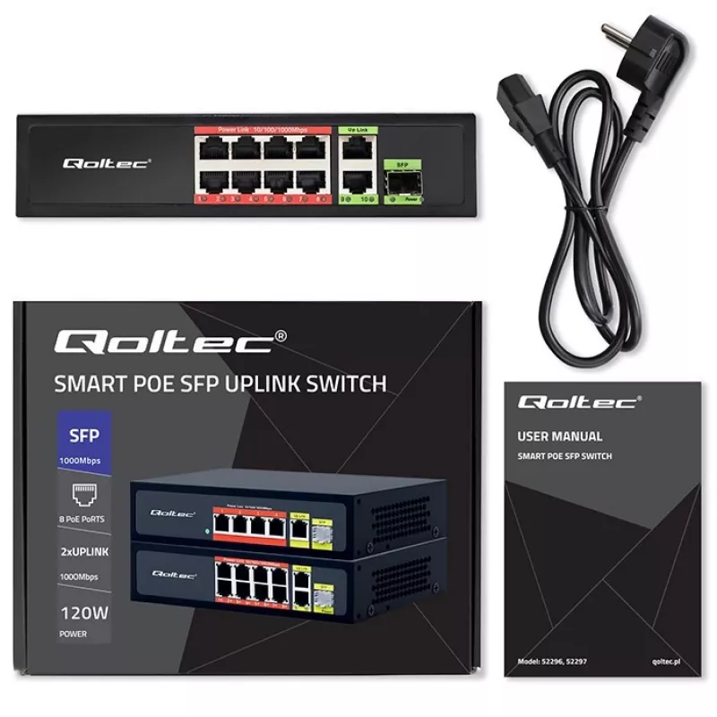Switch Ethernet QOLTEC 52297 PoE RJ45 con uplink PoE e porta SFP