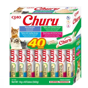Snack umidi INABA Churu Variety Box — tonno, 40 × 14 g bustine di pasta, senza cereali, senza glutine