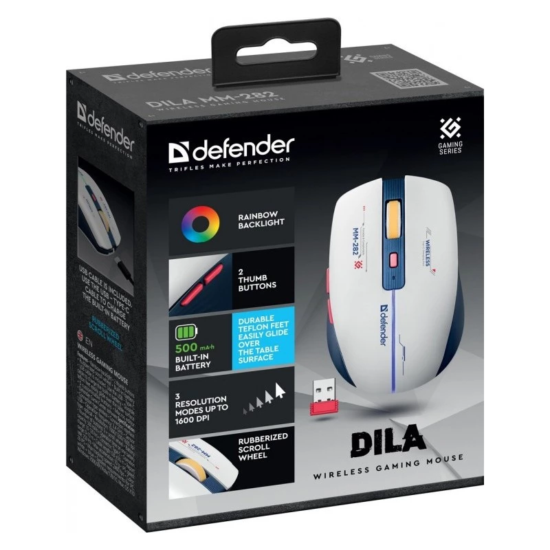 Mouse gaming wireless DEFENDER MM-282 RF — ambidestro, ottico 1800 DPI, 5 tasti, USB, a batteria