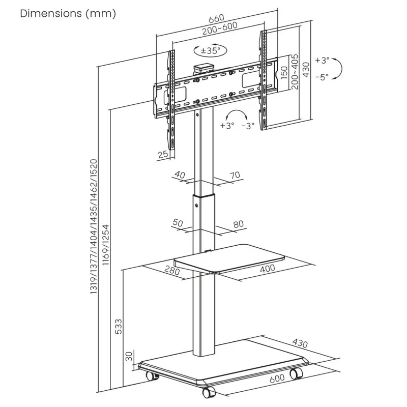 Supporto TV ergo office ER-304 B, portata max. 50 kg, VESA 600x400