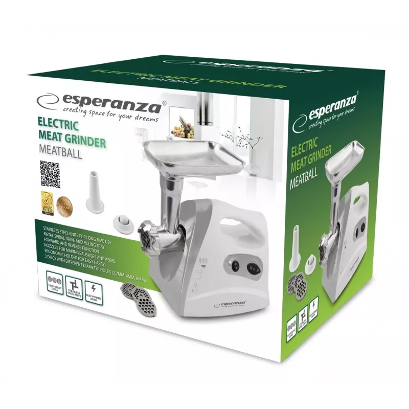 Esperanza EKM012E Meatball tritacarne elettrico, 600 W, 3 dischi di taglio, accessori per salsicce e kebbe, grigio