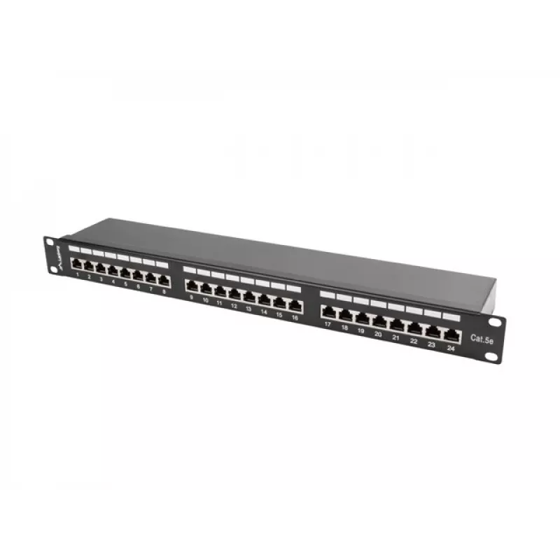 Patch panel 1U LANBERG PPS5-1024-B — 24 porte RJ-45 Cat5, metallo, nero, montaggio su rack