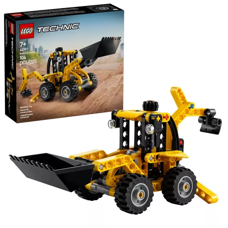 Set da costruzione LEGO Technic Backhoe Loader 42197 — sterzo articolato, caricatore funzionante, 104 pezzi, età consigliata 7+
