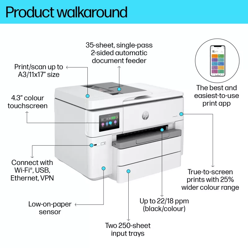 Stampante multifunzione a colori wireless HP OfficeJet Pro 9730e, Instant Ink; stampa fronte-retro