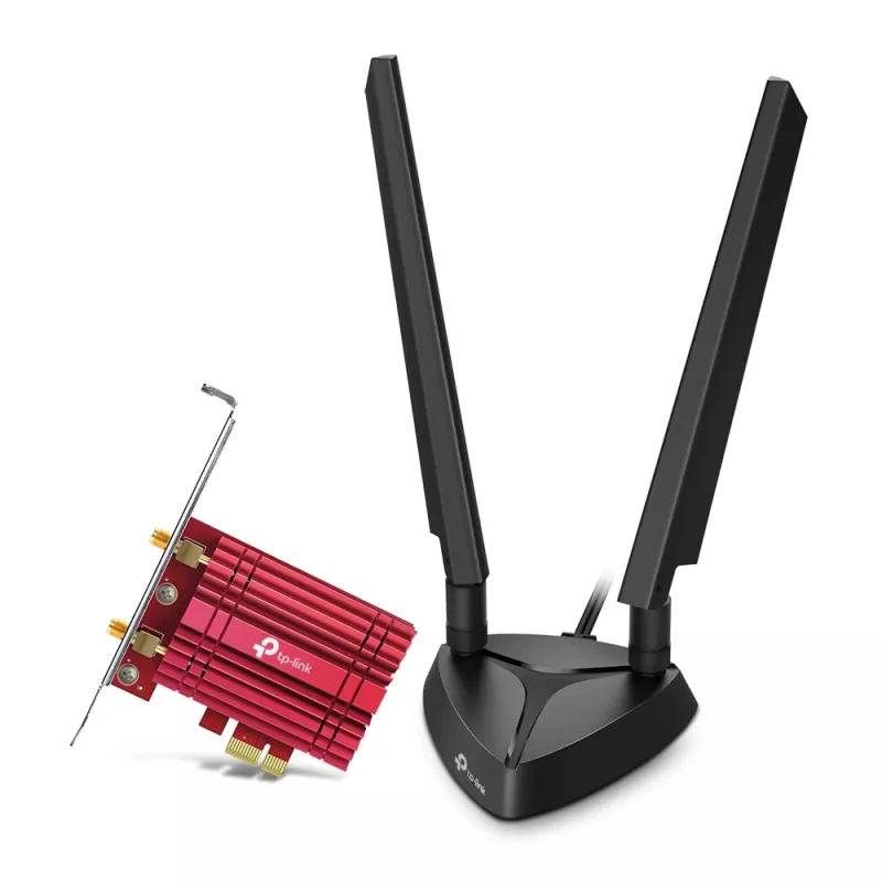 TP-Link AXE5400 Adattatore PCIe Wi-Fi 6E Bluetooth 5.2, interno, wireless, PCI Express, WLAN / Bluetooth, 5400 Mbit/s, nero, rosso