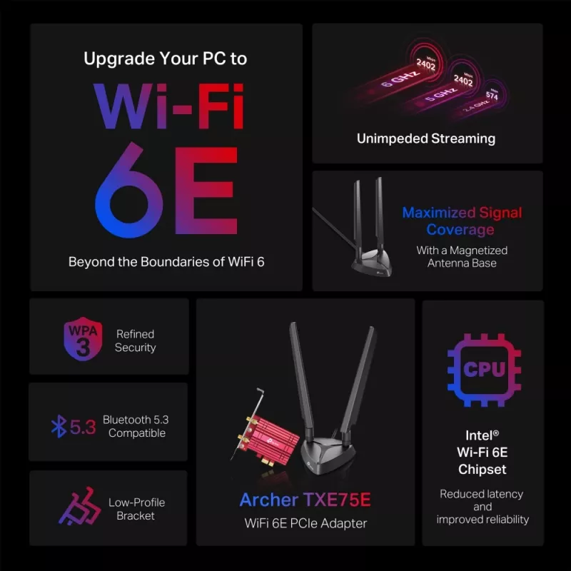 TP-Link AXE5400 Adattatore PCIe Wi-Fi 6E Bluetooth 5.2, interno, wireless, PCI Express, WLAN / Bluetooth, 5400 Mbit/s, nero, rosso