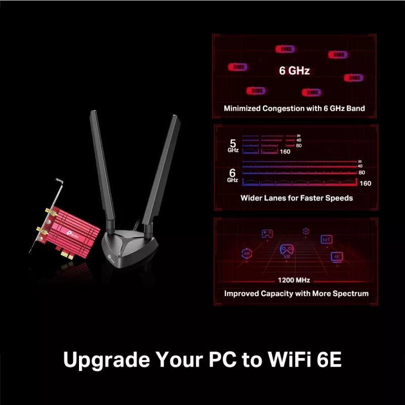 TP-Link AXE5400 Adattatore PCIe Wi-Fi 6E Bluetooth 5.2, interno, wireless, PCI Express, WLAN / Bluetooth, 5400 Mbit/s, nero, rosso