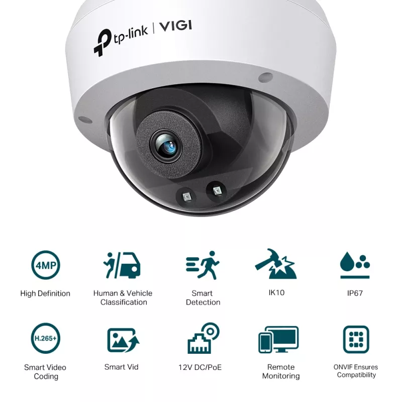 Telecamera di rete dome IR TP-Link VIGI 4MP, telecamera di sicurezza IP, interno ed esterno, cablata, CE, BSMI, VCCI, ONVIF, soffitto/parete, nera, bianca