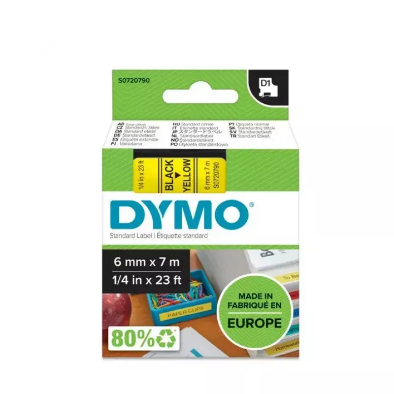 DYMO Authentic Etichette D1 | Stampa nera su nastro giallo | 6 mm x 7 m | Etichette autoadesive per etichettatrici LabelManager | Prodotte in Europa