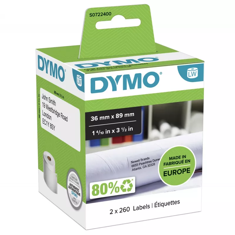 DYMO Authentic LabelWriter Etichette grandi per indirizzi | 36 mm x 89 mm | autoadesive | 2 rotoli da 260 (520 etichette Easy-Peel) | per etichettatrici LabelWriter | prodotte in Europa