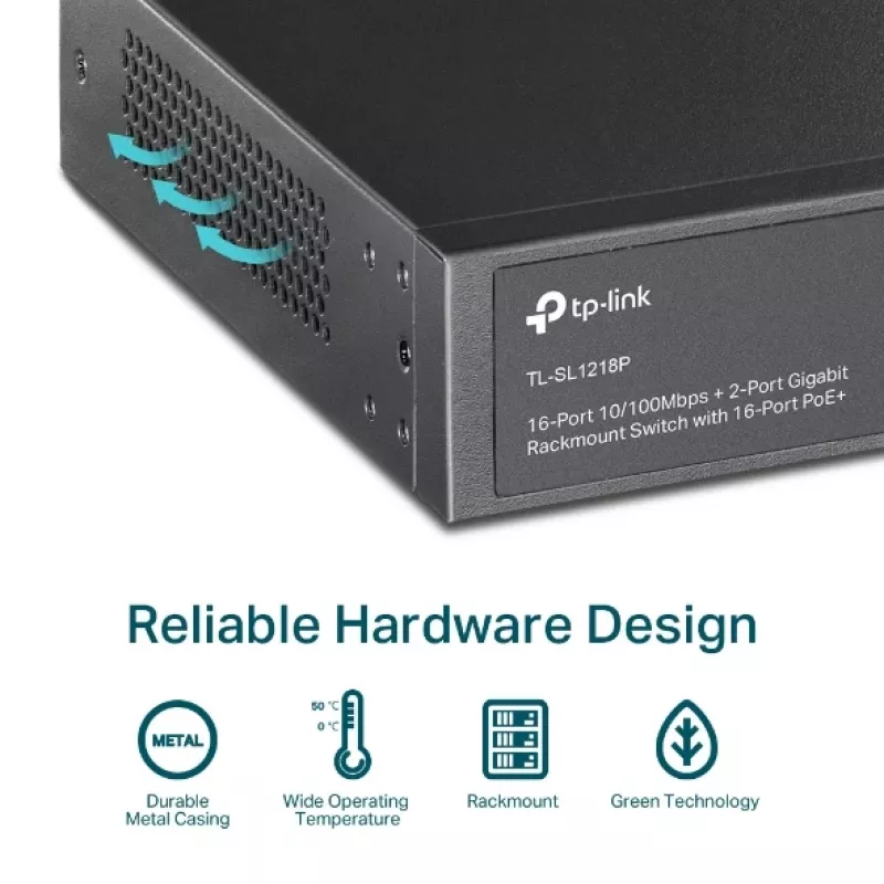 Switch PoE rackmount TP-Link 16 porte 10/100 Mbps + 2 porte Gigabit con 16 porte PoE+