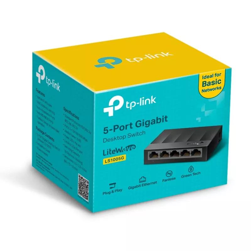 Switch di rete desktop TP-Link 5 porte 10/100/1000Mbps, non gestito, Gigabit Ethernet (10/100/1000), montaggio a parete