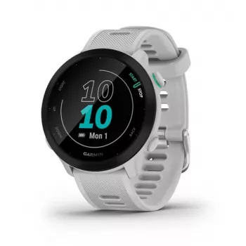 Smartwatch GARMIN Forerunner 55 — 42 mm orologio sportivo rotondo, GPS/GLONASS/Galileo, 14 giorni di batteria, 5 ATM, cinturino in silicone bianco