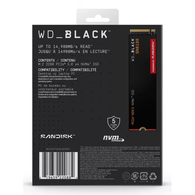 SSD Western Digital 1 TB M.2 PCI Express 5.0 nero SN8100