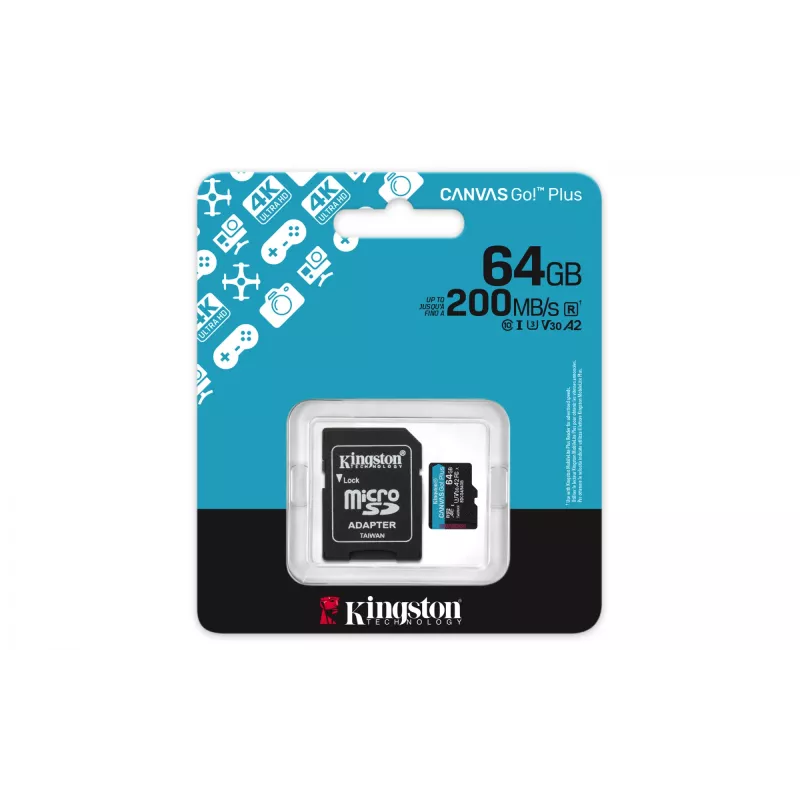 Kingston Technology 64GB microSDXC Canvas Go Plus Gen4 200MB/s A2 U3 V30 scheda + adattatore