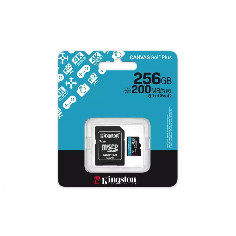 Kingston Technology 256GB microSDXC Canvas Go Plus Gen4 200MB/s A2 U3 V30 scheda + adattatore