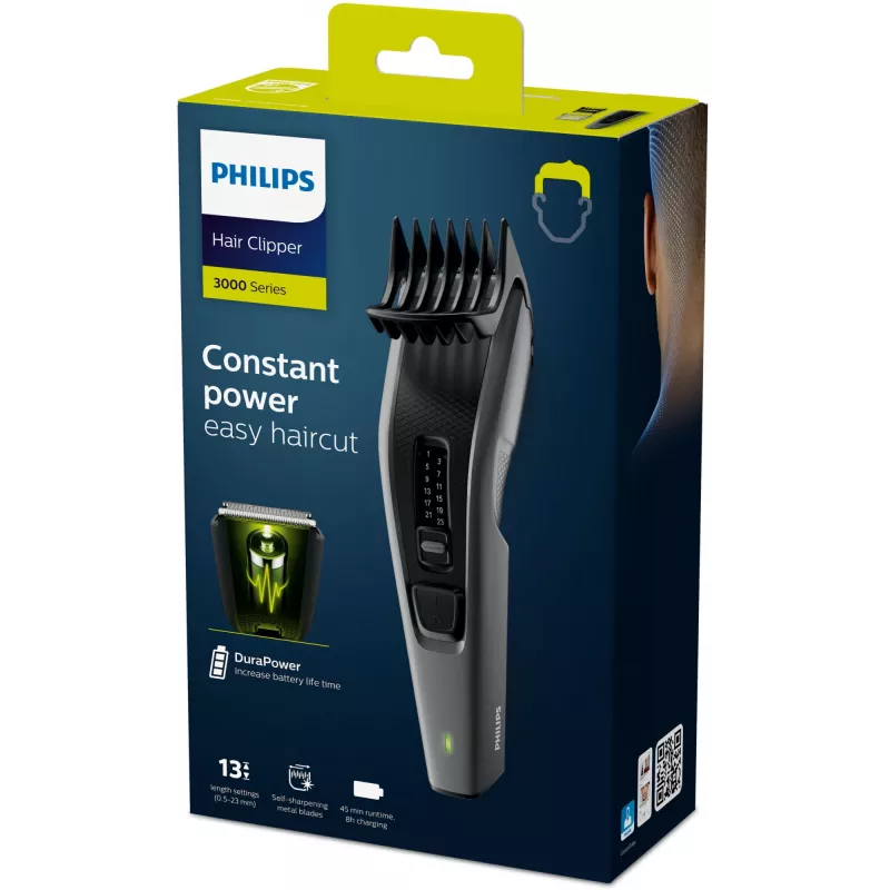 Philips Hairclipper Series 3000 HC3525/15 tagliacapelli, lame in metallo autoaffilanti, 0,5-23 mm, 13 impostazioni di lunghezza, lama da 41 mm, rete/batteria, 45 min, nero/grigio
