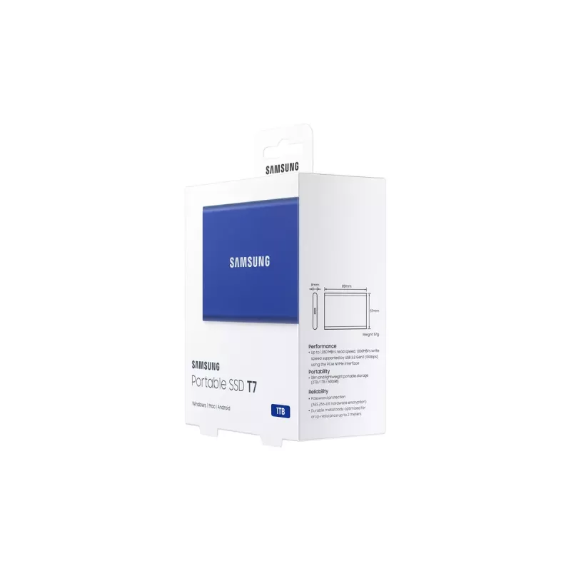 SSD esterno Samsung T7 Portable 1 TB, USB-C 3.2 Gen 2, NVMe, crittografia hardware AES-256, blu