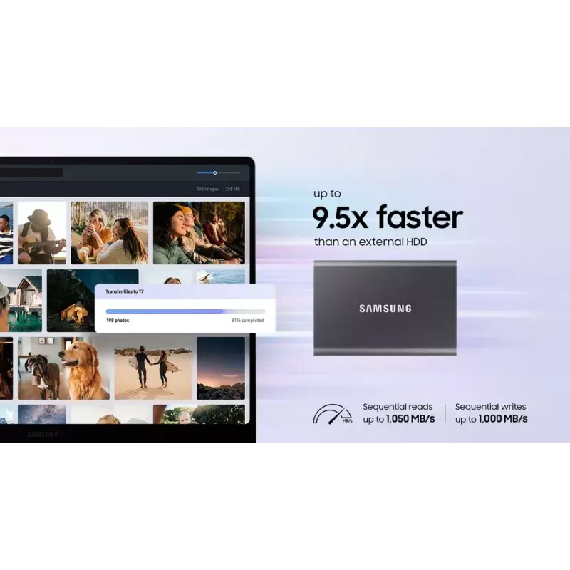 SSD esterno Samsung T7 Portable 1 TB, USB-C 3.2 Gen 2, NVMe, crittografia hardware AES-256, blu