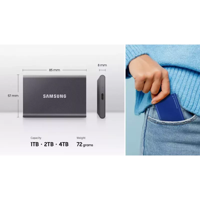 SSD esterno Samsung T7 Portable 1 TB, USB-C 3.2 Gen 2, NVMe, crittografia hardware AES-256, blu