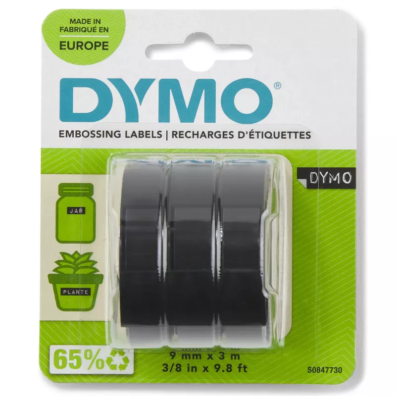 Nastro per etichettatrice DYMO originale | rotoli 9 mm x 3 m | scritta bianca su nero | autoadesivo | per etichettatrici | 3 pezzi