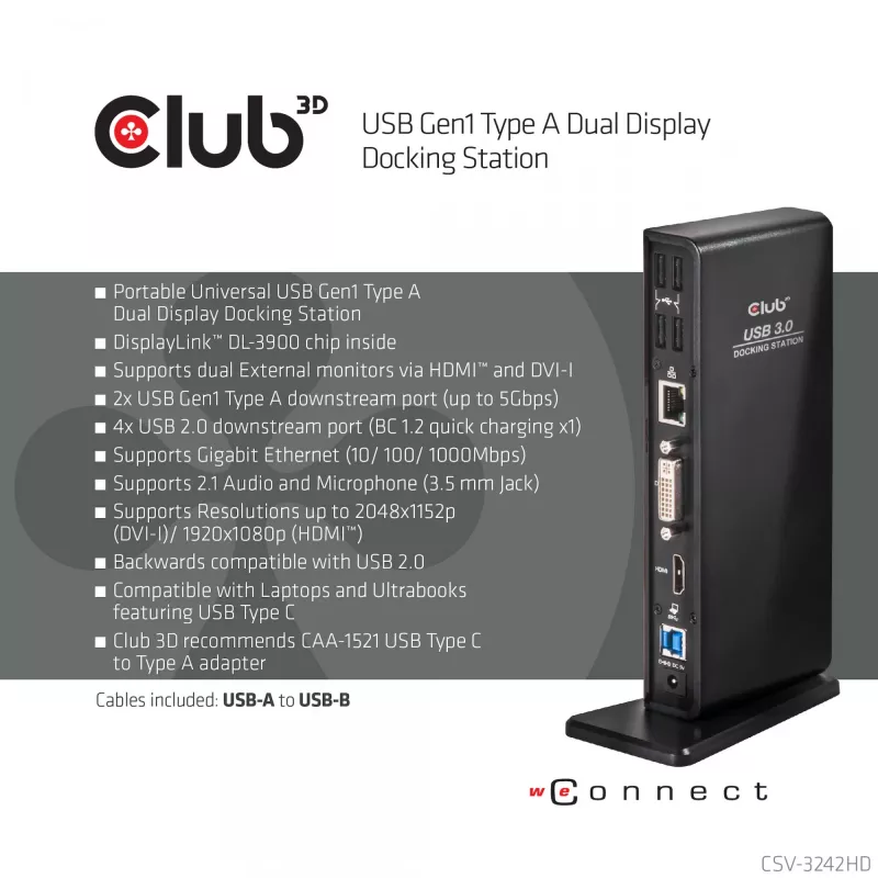 CLUB3D USB Gen1 Type-A Dual Display (HDMI e DVI) DisplayLink™ docking station