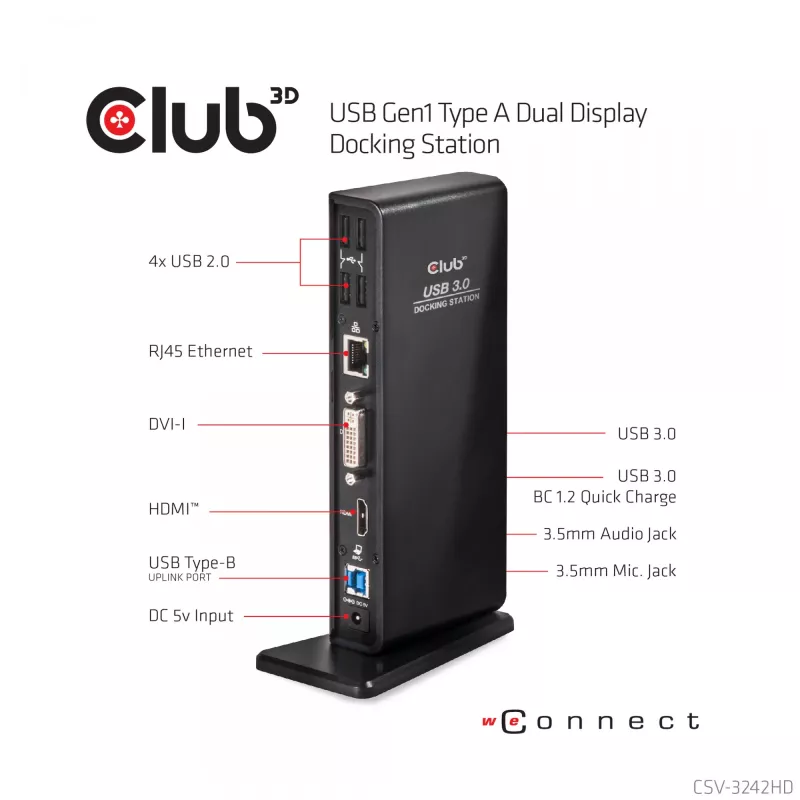 CLUB3D USB Gen1 Type-A Dual Display (HDMI e DVI) DisplayLink™ docking station
