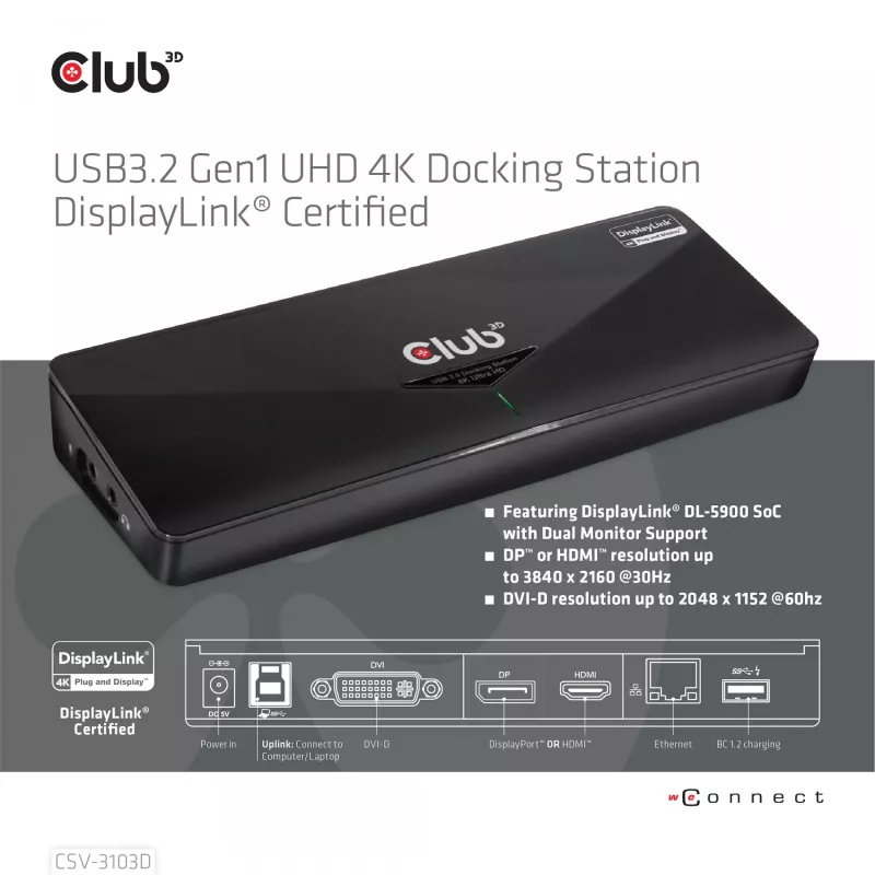 CLUB3D CSV-3103D The Club 3D Universal USB 3.1 Gen 1 UHD 4K docking station DisplayLink™