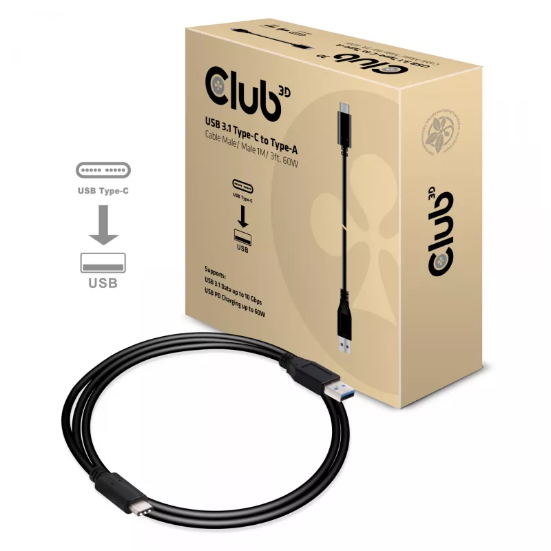 Club 3D CAC-1523 cavo da USB-C a USB-A, USB 3.1 Gen 2, 10 Gbps, PD 60 W, maschio/maschio, 1 m, nero