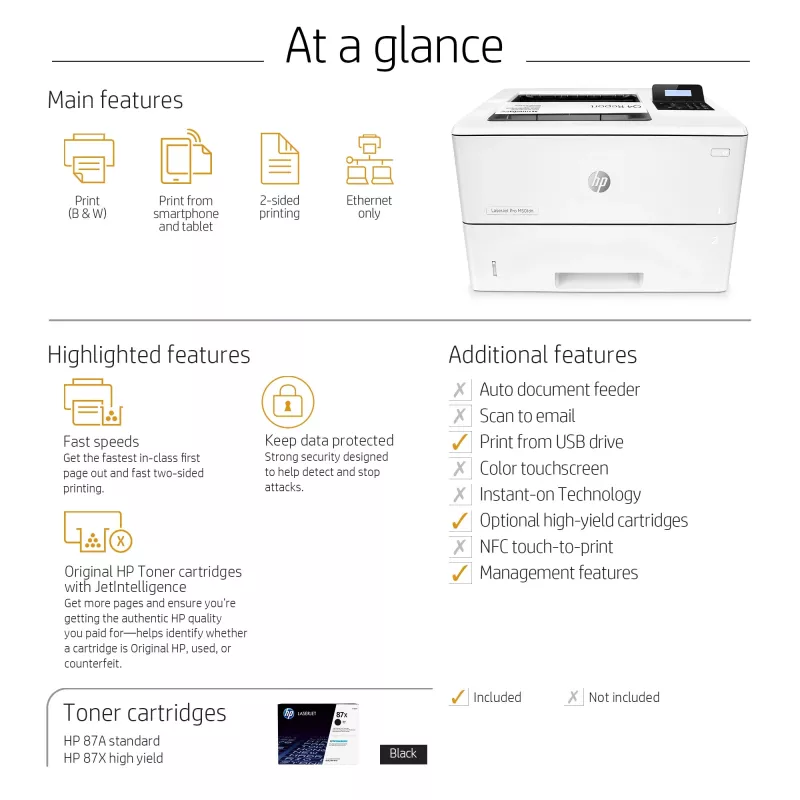 HP LaserJet Pro M501dn, Laser, 600 x 600 DPI, A4, 43 ppm, Stampa fronte/retro, Pronto per la rete