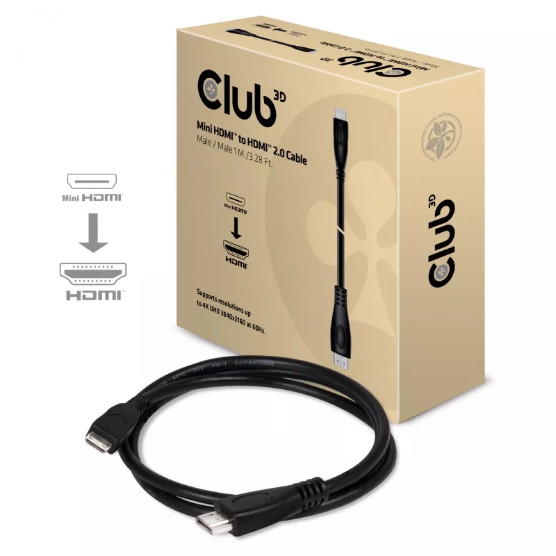 Club 3D CAC-1350 cavo da Mini HDMI a HDMI 2.0, 4K60Hz, maschio/maschio, 1 m, nero