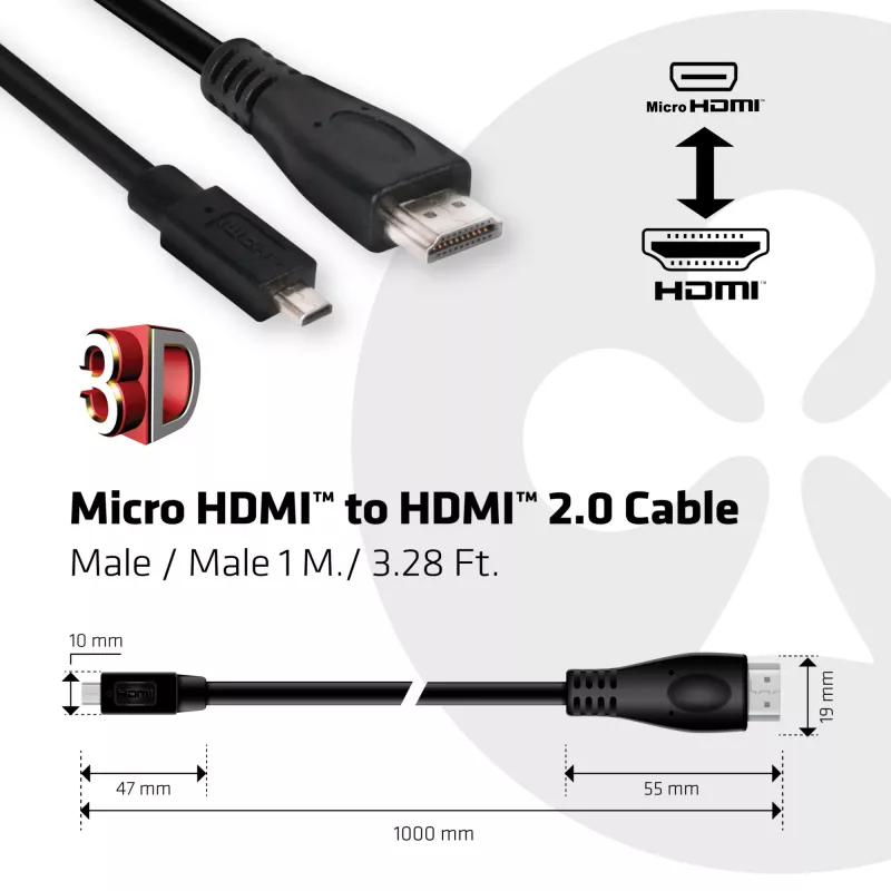 Club 3D CAC-1351 cavo da Micro HDMI a HDMI 2.0, 4K60Hz, maschio/maschio, 1 m, nero