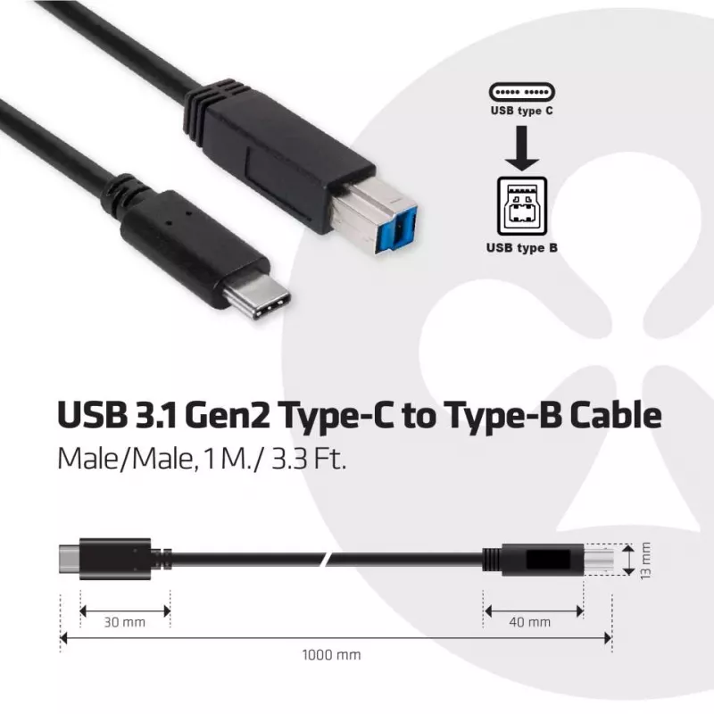 CLUB3D cavo USB 3.1 Gen2 Type-C a Type-B maschio/maschio, 1 m / 3.3 Ft.
