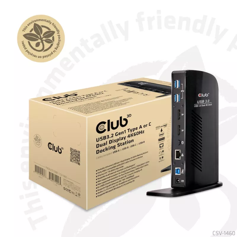 CLUB3D docking station USB3.2 Gen1 tipo A o C Dual Display 4K60Hz certificata DisplayLink®