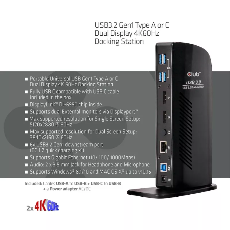 CLUB3D docking station USB3.2 Gen1 tipo A o C Dual Display 4K60Hz certificata DisplayLink®