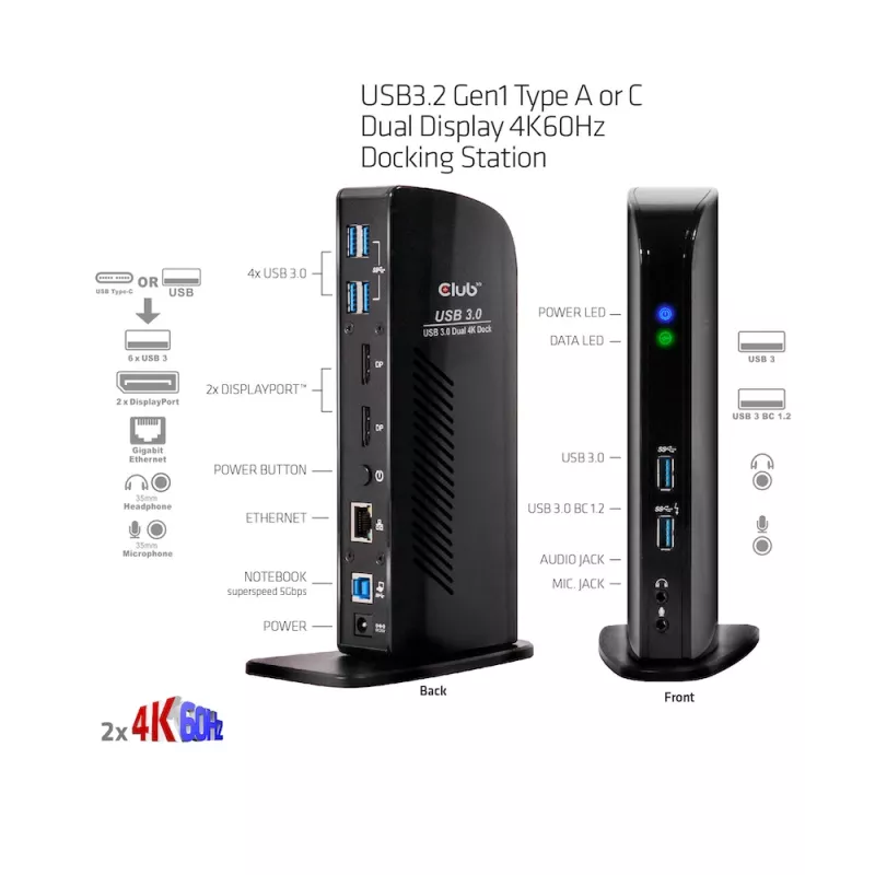 CLUB3D docking station USB3.2 Gen1 tipo A o C Dual Display 4K60Hz certificata DisplayLink®