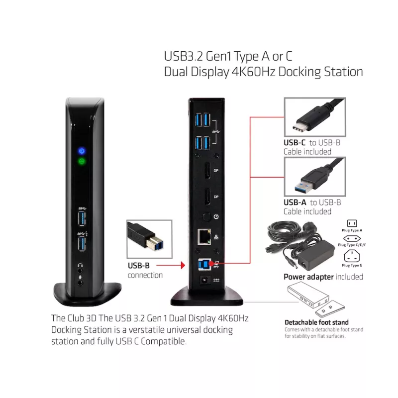 CLUB3D docking station USB3.2 Gen1 tipo A o C Dual Display 4K60Hz certificata DisplayLink®