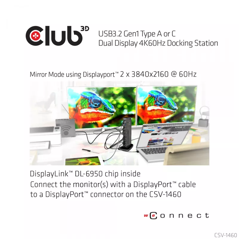 CLUB3D docking station USB3.2 Gen1 tipo A o C Dual Display 4K60Hz certificata DisplayLink®