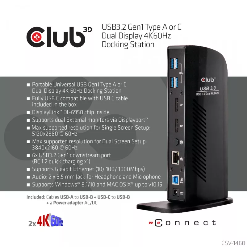 CLUB3D docking station USB3.2 Gen1 tipo A o C Dual Display 4K60Hz certificata DisplayLink®